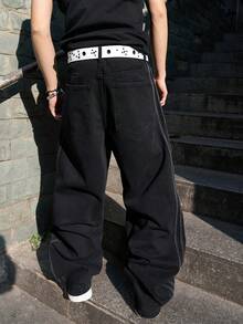 Manfinity EMRG Jeans anchos y sueltos de estilo casual y urbano con rayas de contraste negro en los lados para hombres - Negro - Ver 2