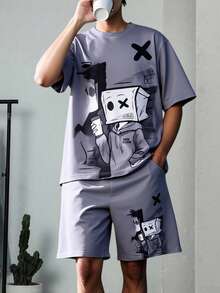 Coolqubz 2pcs/Set Casual Cartoon Character Print T-Shirt Set For Teenage Boys, Suitable For Daily Commute And Sports Wear - Grey - View 1