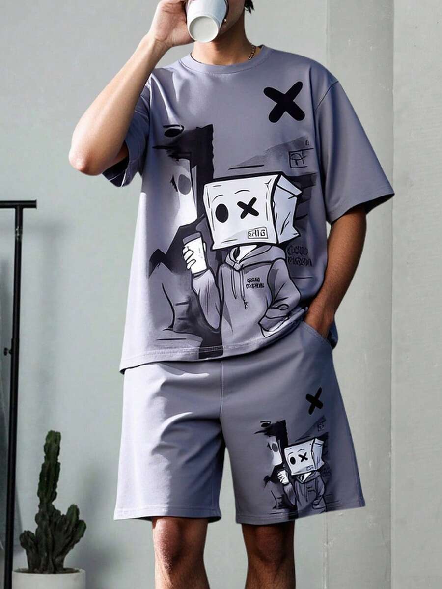 Coolqubz 2pcs/Set Casual Cartoon Character Print T-Shirt Set For Teenage Boys, Suitable For Daily Commute And Sports Wear - Grey - View 1