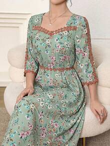 Yasmyna Đầm Abaya nữ in hoa với họa tiết trang trí, đầm midi nữ tay lỡ 3/4 in hoa thanh lịch, đầm in hoa nữ, đầm in hoa màu xanh lá cây. - màu xanh lá - Xem 1
