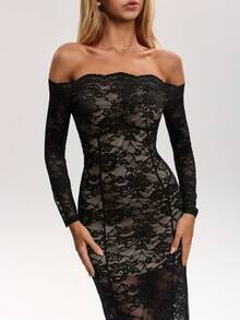 Sweetina Women's Black Floral Lace Off Shoulder Long Dress Seductive Autumn Party Night Out Concert Formal Wedding Guest Bridesmaid See Through Dress - Black - View 5
