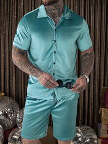 Manfinity AFTRDRK Men Velvet Shirt & Drawstring Waist Shorts Gold Shirt Menmen's Two Pieces Set - Mint Green - View 5