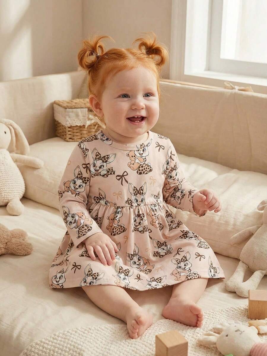 SHEIN Đầm dài tay dáng chữ A cổ tròn, eo thon, in hình thỏ vintage, chất liệu co giãn, thích hợp cho bé gái mặc hàng ngày và mặc ở nhà, mùa xuân. - Màu Khaki - Xem 1