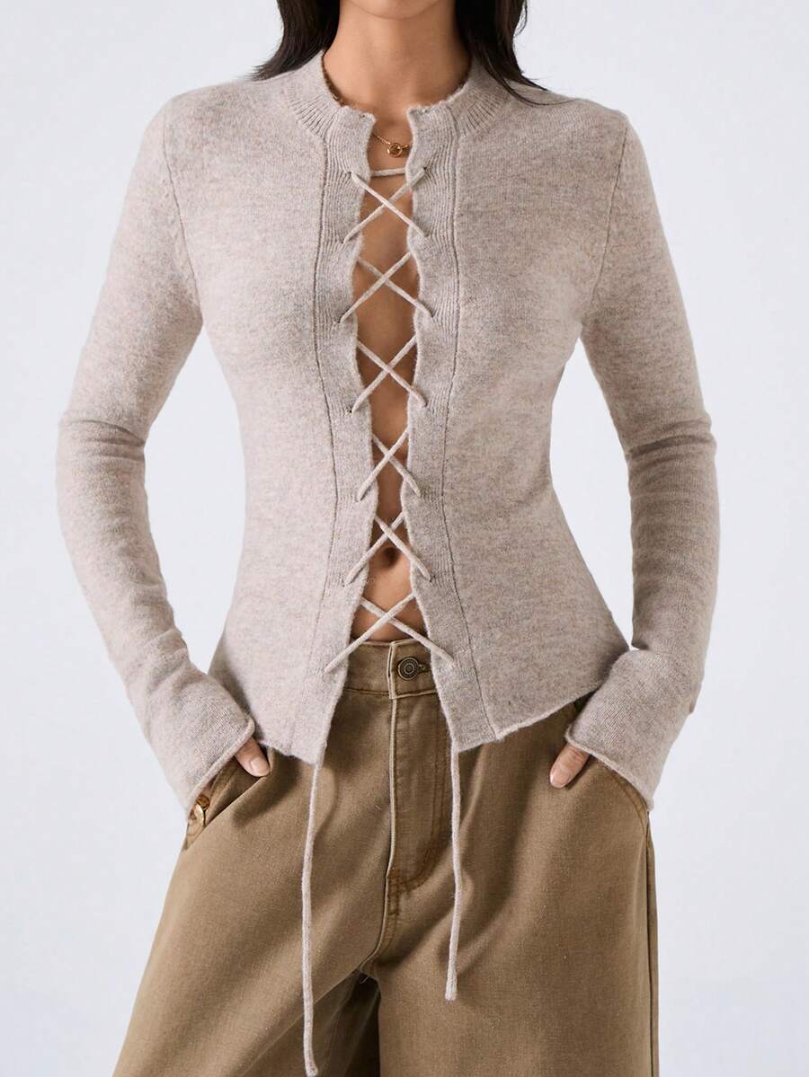 LYSMO New Minimalist Lace-Up Long Sleeve Sexy Sweater For Women, Spring Fall - Khaki - View 1