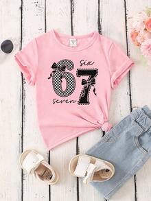 2件/套 女孩休闲创意可爱卡通杯，芭蕾舞女孩，爱心，蝴蝶结，数字67，五角星，字母印花短袖T恤，舒适日常穿着，适合春、夏、秋季 - 彩色 - 查看 6