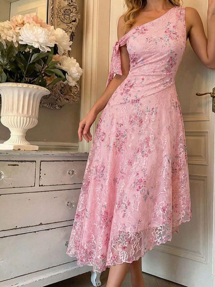 SHEIN MOD 不对称肩部蝴蝶结修身连衣裙，情人节，适合春季，女士情人节服装，嘉年华，鸡尾酒会礼服，婚礼，花园，下午茶，派对，粉色连衣裙，女士茶会服装，女士粉色生日服装，女士粉色早午餐服装 - 粉色 - 查看 1