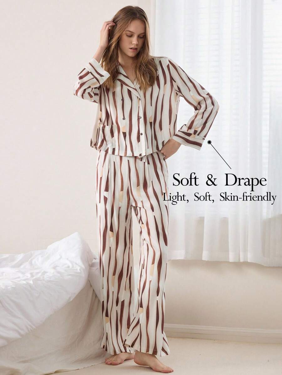 Ocili 棉混纺抽象条纹印花舒适柔软长袖长裤领口睡衣套装，时尚秋季女士家居服 - 彩色 - 查看 1