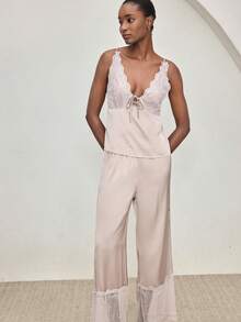 Ocili Bộ đồ ngủ 2 món kiểu Bohemian gồm áo hai dây và quần viền ren, đồ mặc nhà thoải mái cho nữ. - Màu Khaki - Xem 4