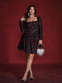 Viva Relle Robe de soirée élégante à imprimé cœur en maille grande taille - Noir - Voir 3