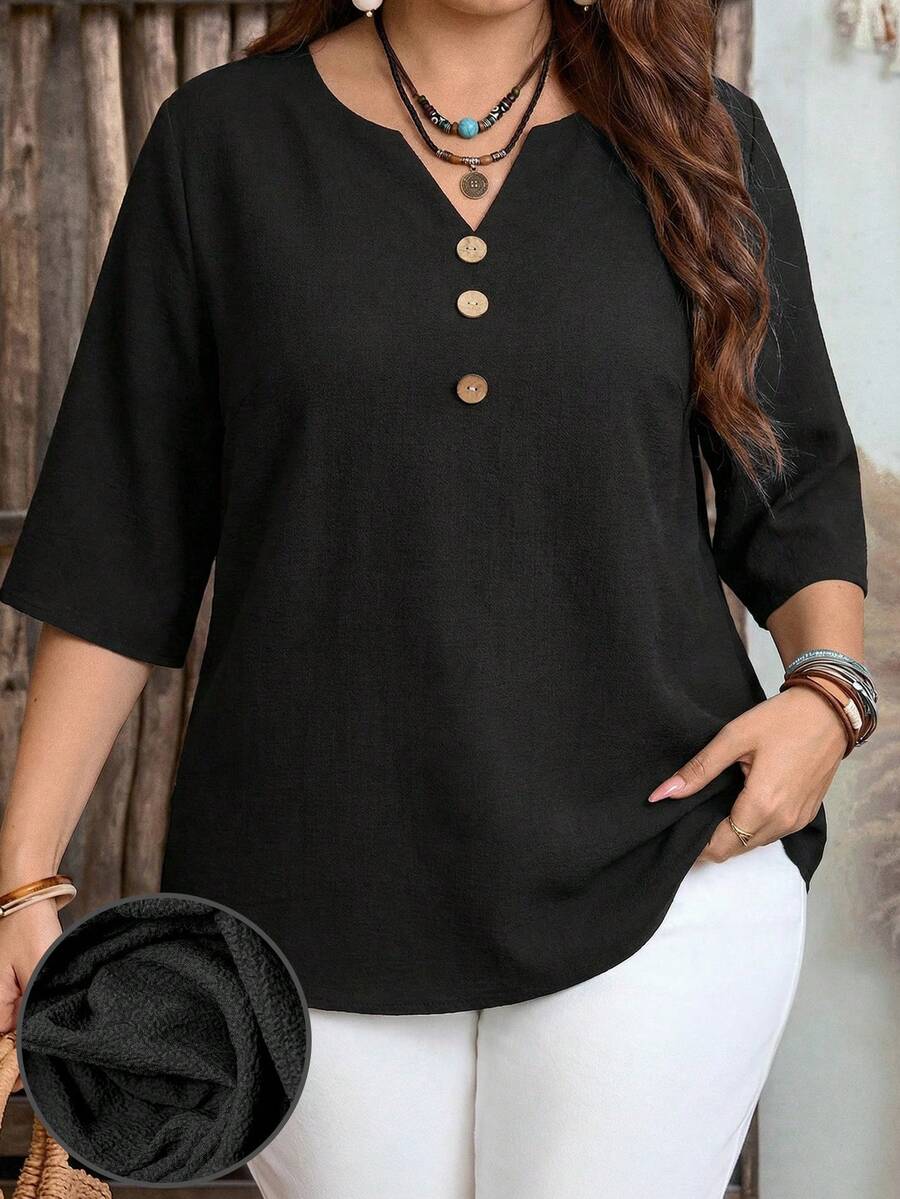EMERY ROSE Plus Size Women Black Solid Color Casual Shirt, Suitable For Summer, Casual Tops, Suitable For Outings, Commuting, Vacation Plus Size Black Shirt Plus Size Casual Tops Black Work Top - Black - View 1