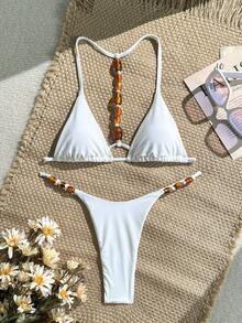 Swim SXY Conjunto de bikini brasileño de mujer con cuello halter, espalda cruzada con cuentas y textura de unicolor, adecuado para vacaciones en la playa, primavera/verano/otoño - Blanco - Ver 3
