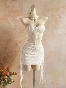 Soleia Đầm ngắn ren nhún bèo màu trơn dành cho nữ - Màu be - Xem 5