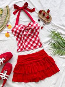 Soleia 女士度假格子扭结露背上衣和双层荷叶边迷你裙两件套 - 彩色 - 查看 4