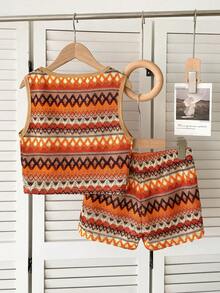 SHEIN 2pcs Tween Girl Knit Striped Crew Neck Casual Tank Top And Shorts Set - Multicolor - View 2