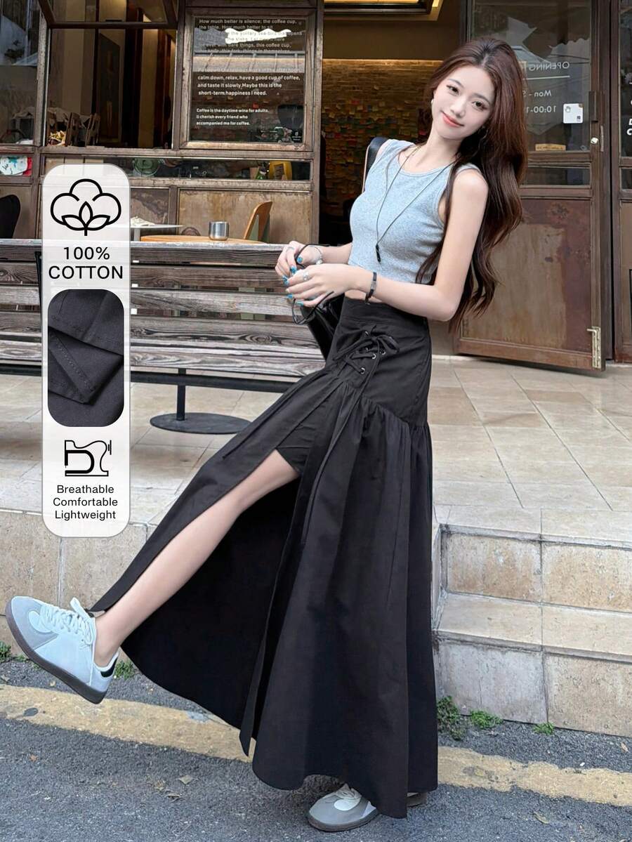 DAZY 女士系带纯色休闲半身裙 - 黑色 - 查看 1