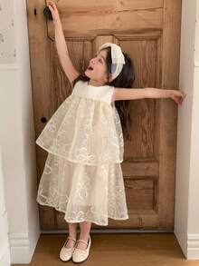 DAZY Young Girl Round Neck Sleeveless Patchwork Dress - Apricot - View 5