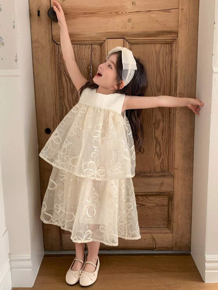 DAZY Young Girl Round Neck Sleeveless Patchwork Dress Summer - Apricot - View 5