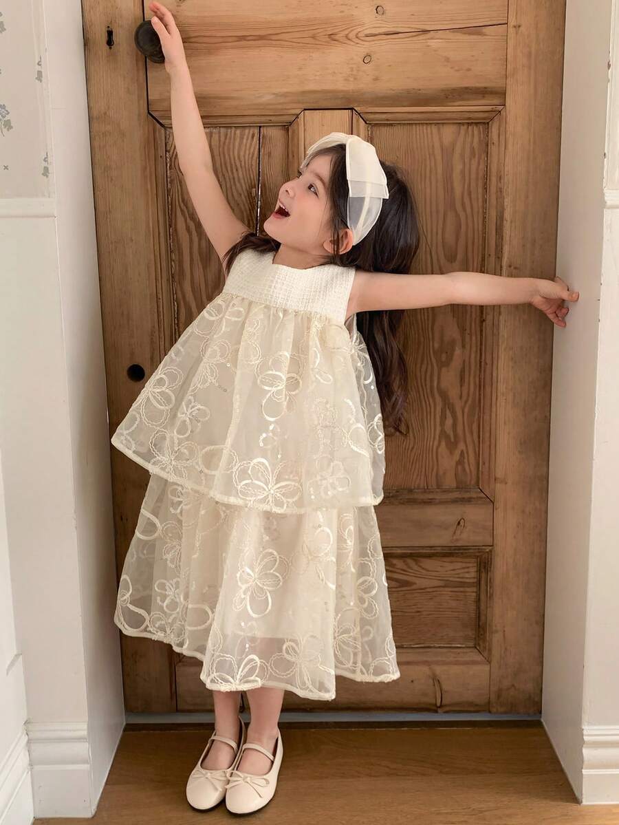 DAZY 女童圆领无袖拼接连衣裙 - 杏色 - 查看 1