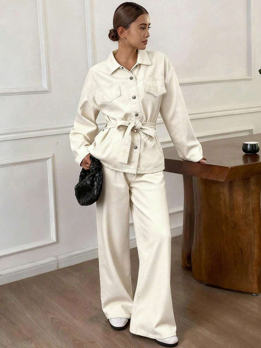 DAZY Autumn/Winter New Loose Casual Distressed Wash Waist Cinched Women Denim Suit - Brown - View 1