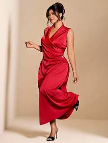 Elenzga 大码女士优雅简约翻领无袖收腰缎面长连衣裙，酒红色，春夏款 - 酒紅色 - 查看 4