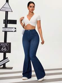 Flexra Quần jeans ống loe dáng ôm, màu trơn dành cho nữ, kiểu dáng thường ngày. - Rửa tối - Xem 5
