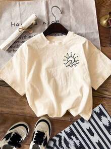 INAWLY Women's Round Neck Letter & Graphic Print Summer Casual Versatile Short Sleeve T-Shirt - Pink - View 3