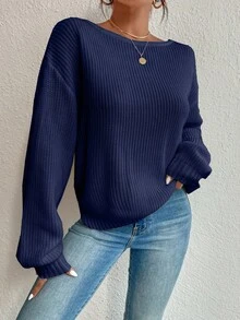 EURMUSE 女士纯色船领交叉露背设计休闲百搭长袖毛衣，适合秋冬季穿着 - 藏蓝色 - 查看 3