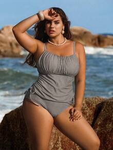 Swim Lushoire Bộ bikini cỡ lớn 2 mảnh, chất liệu vải in họa tiết xanh trắng, có dây rút ở eo và quần cạp cao, phù hợp cho kỳ nghỉ biển. - Đen và trắng - Xem 5