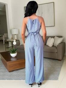 Vavine Women's Casual Blue & White Striped Fabric Backless Beaded Design Waist Button Tie Jumpsuit - Blue - View 2