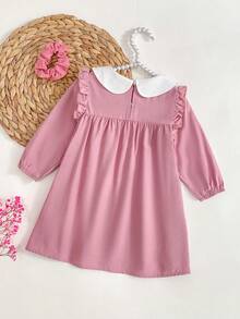 Baby Girls' Fashion Minimalist Bow Decor Cute Peter Pan Collar Ruffle Hem Long Sleeve Dress Pink Abaya Matching Girl Matching Islamic Dresses Collared Baby Girl Dress Dusty Pink Baby Dress Baby Girl Long Sleeve Dress Pink Baby Girl Dress - Pink - View 2