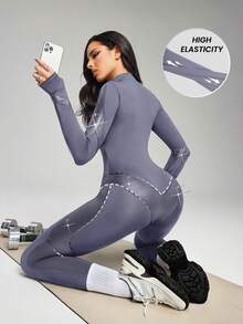 Innovista Women's Fashion Zipper Half-Zip Long Sleeve Jumpsuit Ski Suit Zip PU Catsuit Blue-Gray Long Sleeve Unitard/Jumpsuit, Front Zip+Guard, Removable Pads, Thumbholes, Tonal Stretch PU Panels, Sculpting Compression | Gym HIIT Yoga Pilates |  Mono Gris Azulado Con Cremallera | Macacão Cinza-Azulado Zíper | جمبسوت رياضي | Gymtok Moto Athleisure - Dark Grey - View 2