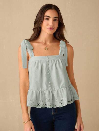Enchnt Blusa de mujer de verano minimalista de unicolor con bordado hueco y hombros con lazo