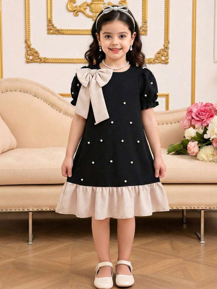 Elladie kids 1 chiếc đầm công chúa mùa hè mới cho bé gái, cổ tròn, viền bèo nhún, tay áo nhăn phía trước, trang trí ngọc trai, nơ có thể tháo rời, kiểu dáng thanh lịch cổ điển, thường ngày. - màu đen - Xem 1
