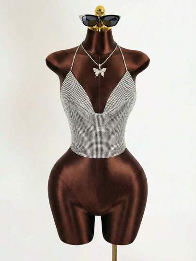 Chiquease Draped Collar Chain Detail Backless Crop Metallic Halter Top For New Year Holiday Party Clothes