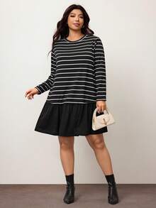 Enliva Plus Size Casual Everyday Striped Round Neck Ruffle Hem Dress, Autumn Dresses For Women, For Apple & Rounded Body Shape - Black and White - View 6