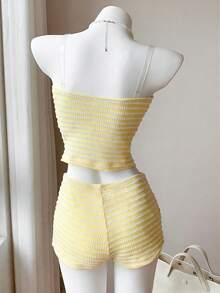 Sparklyn 2pcs/Set Teen GirlBeach Vacation Style Knitted Patchwork Fabric With Star Decor, Suitable For Outing, Vacation, Travel - Yellow - View 3