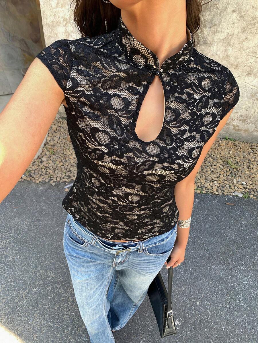 EastFlair Blusa de mujer con cuello Mao de encaje estilo chino, manga corta, para vacaciones de verano, primavera, vacaciones, playa, salir, blusas de verano, blusas de playa, blusas para salir, blusas elegantes, blusas casuales para mujer, blusas de lujo, blusas elegantes, blusa negra