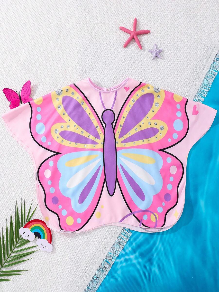 SHEIN Cubre-todo de ajuste holgado con estampado de mariposas para niña - Rosa - Ver 1