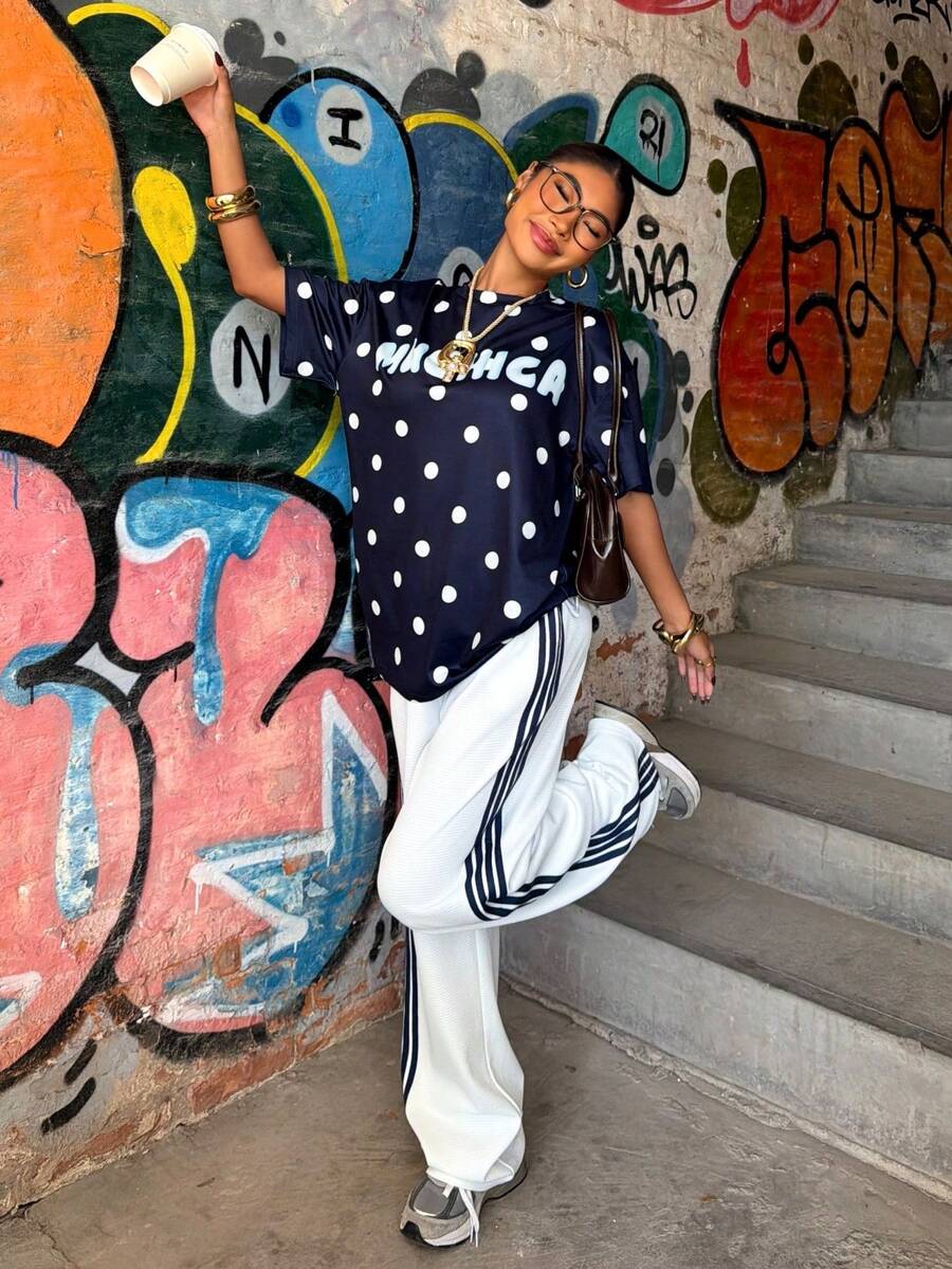 Muchica 女士字母波点印花圆领落肩T恤和长裤宽松休闲家居服套装 - 藍色 - 查看 1