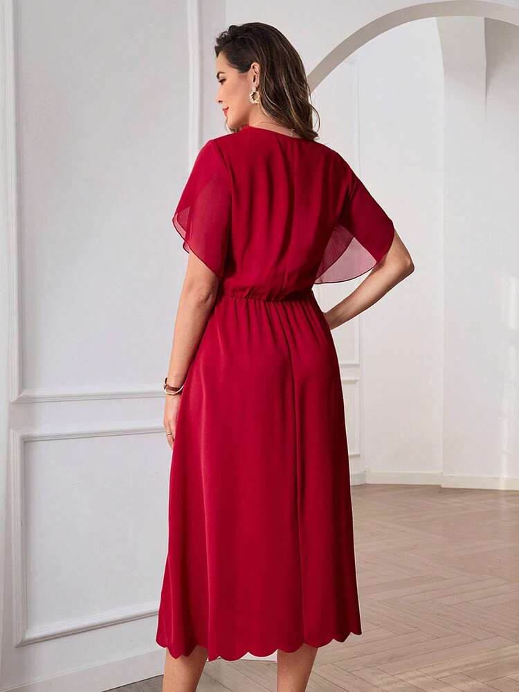 Elegant Burgundy Chiffon Midi Dress For Women Summer Spring Formal Party Dress With Scalloped Neckline And Ruffle Short Sleeves, Perfect For Wedding Guest, Prom, Birthday, Going Out,  Festival And Easter Occasions