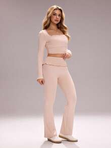 SHEIN Sovereign Charm 女士纯色长袖上衣和紧身裤休闲日常瑜伽室内运动健身套装 - 粉色 - 查看 5