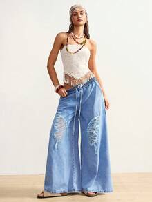 Bohemela Quần jeans nữ cạp cao, ống rộng, co giãn, thiết kế dáng rộng hình bướm và chất liệu vải mỏng nhẹ. Màu xanh nhạt. Thích hợp cho mùa hè, xuân, ngày lễ tình nhân, lễ hội, đi biển, du lịch, mặc thường ngày. - Rửa nhẹ - Xem 4