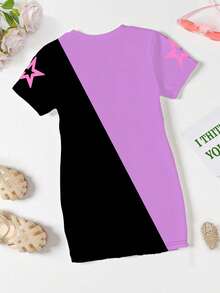 1 pieza Vestido camiseta de manga corta con estampado de personaje de grupo virtual de chicas de K-POP, estilo minimalista fresco y creativo, con corazón morado, estrellas multicolor y eslogan, cómodo y adecuado para primavera, verano, otoño e invierno, conjunto lindo para niña preadolescente, ropa de estilo Y2K - Morado - Ver 2
