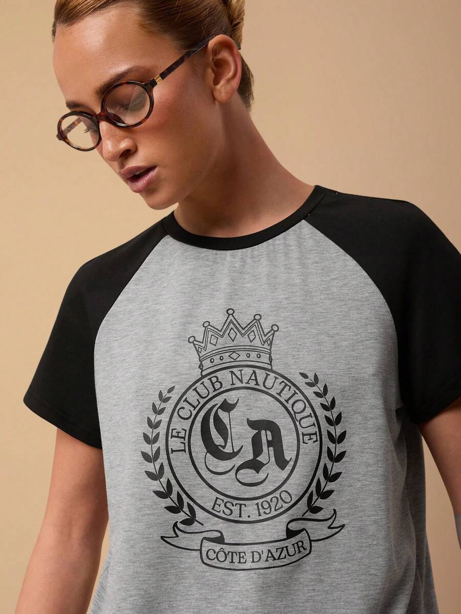 SURIMA Casual Minimalist Pattern Round Neck Short Sleeve Fitted Women T-Shirt, Suitable For Summer, Raglan Sleeve - Light Grey - View 1