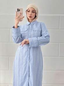 DAZY Cotton Spring Elegant Turndown Collar Striped Loose Mid-Length Dress For Women - Blue - View 4