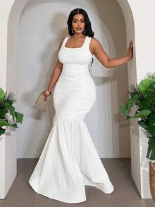 Slaydiva 春夏新款优雅连衣裙，适合派对、约会、婚礼、毕业典礼、晚宴、生日、家庭聚会、朋友外出、舞会等各种场合 - 白色无袖低领褶皱鱼尾喇叭裙摆，大码可选 - 白色 - 查看 2