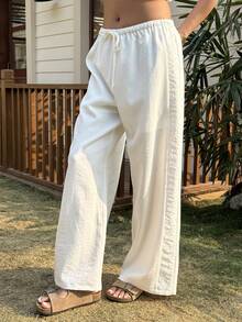 DAZY Pantalones de pierna ancha con cintura elástica y encaje de contraste, ropa casual de vacaciones para mujeres, primavera/verano - Blanco - Ver 3