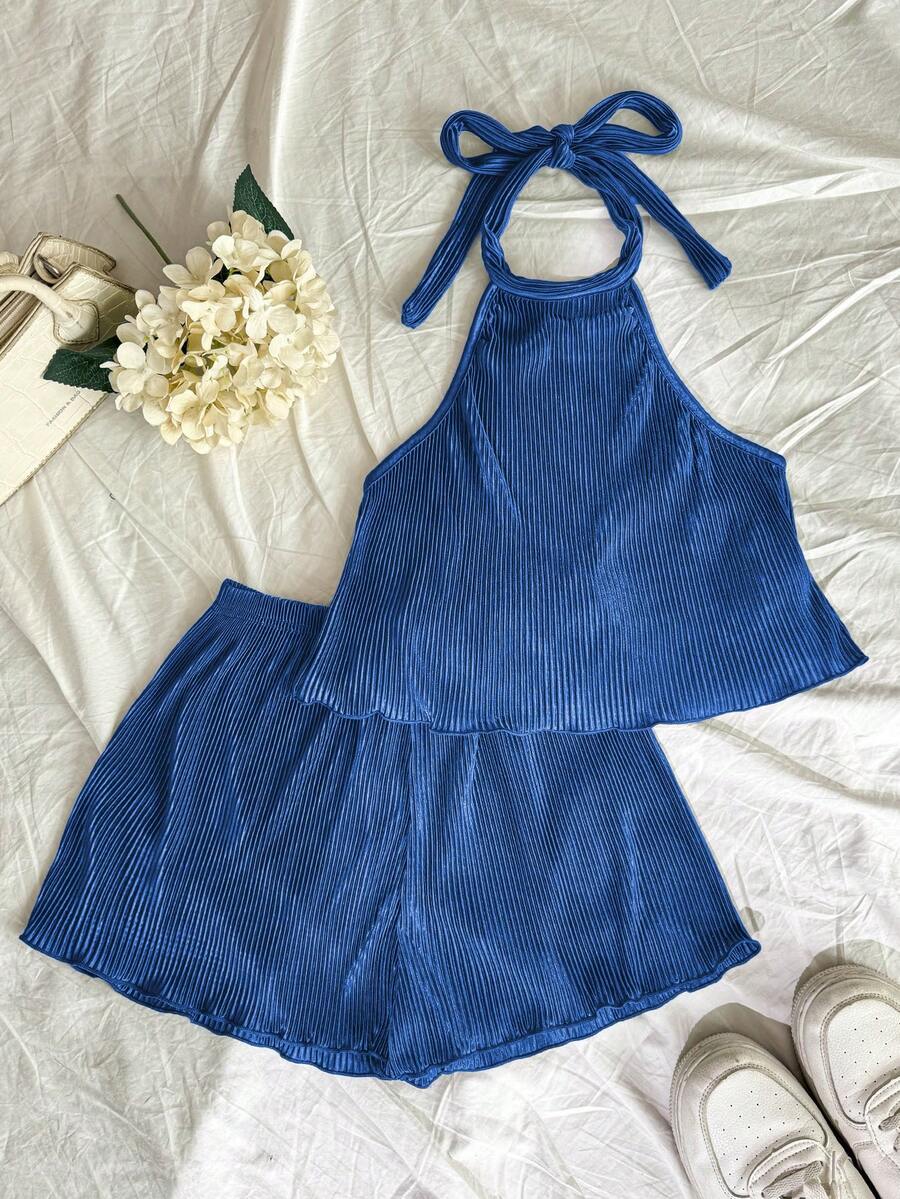 Elamini Conjunto informal de 2 piezas de camiseta de tirantes y pantalones cortos de unicolor para mujer - Azul - Ver 1