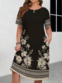 SHEIN CURVE+ Curve Size US22Music Festival, Seaside Vacation, Bohemia2025 Spring/Summer Artistic Textured Floral Print Short Sleeve Round Neck Midi Dress, Suitable For Mother's Day Gathering Black And White Dress Pocket Dress Floral Print Dress - Black and White - View 4