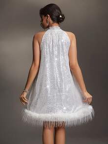 Cheriluna Maternity Maternity Photoshoot V-Neck Sleeveless Zipper Back A-Line Sequin Dress - Silver - View 2